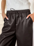 Bonnyshow Fashion Solid Color Leather Women's Pants Casual Loose Simple Black Long Pants New Retro Women Drawstring Trousers Streetwear