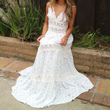 Bonnyshow  Women Lace Patchwork Maxi Dress Backless Boho Floral Long Dress Spaghetti Strap V Neck Low Cut Flowy Sunderss