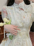 Bonnyshow Summer Chinese Style Cheongsam Puff Short Sleeve Korean Print Lace Midi Dress Floral Elegant Evening Party Dress