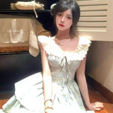Bonnyshow  French Sweet Square Neck Small Flying Sleeve Floral Princess Puffy Dresses Women Summer Waist Slimming A-line Temperament Dress