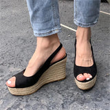 Bonnyshow  Summer Peep Toe Buckle Strap Women Slippers Fashion Solid Platform Wedges Heels Rattan Weave Sandals Shoes