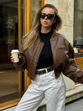 Bonnyshow Short Leather Women's Jacket Casual Vintage O-neck Women Coat Loose Long Sleeve Women Jackets New Fashion Autumn Female Coats