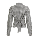 Bonnyshow  Back Tie-up Bow Checkerboard Shirt Women's Fall Spring Single-breasted Turn-down Collar Blouses Ladies Retro Plaid Tops