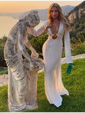 Bonnyshow  Women Elegant Flare Full Sleeve High Waist Side Split Dress Fashion Solid V-neck Hollow Out Maxi Dress Lady 2025 Chic Vestidos