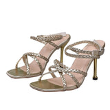 Bonnyshow  Summer Ankle Strap Retro Woman Shoes Beige Heeled Sandals Large Size Square Toe Breathable Original Black Big Low Stiletto