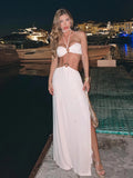 Bonnyshow  2 Piece Bikini Sets Summer Sexy Strapless Halter Lace up Swimsuit Vintage White Bathing Suit Beach Pool Party Dress Set C5