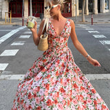 Bonnyshow  Elegant Flower Print Long Dress For Women Fashion V-neck Sleeveless High Waist A-line Maxi Dress Lady 2025 Summer Beach Robes