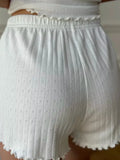 Bonnyshow  White Sweet Eyelet Long Sleeve T-shirt Shorts Set Women Casual Home Pajama 2 Piece Sets Slim Tees+Elastic Straight Sweatshort
