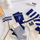 Bonnyshow 5 Pair/Set Blue Letter Stripe Socks for Women Korean Cotton Middle Tube Sock Spring Autumn Casual Sport Socks Calcetines 양말