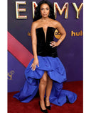 Bonnyshow Eye Catching Dark Naby Blue And Royal Blue AsymmetricalLong Evening Dresses Pleated Draped Straplee Formal Party Gowns
