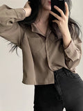 Bonnyshow Designed Women Shirts Korean Fashion Solid Long Sleeve Button Up Tops Office Ladies Chiffon Short Blouse New