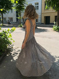 Bonnyshow  Reteo Plaid V Neck Split Sling Dress Women Elegant Splicing Pleated Sleeveless Backless Maxi Gowns Summer Vacation Street Robes