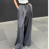 Bonnyshow Baggy Casual Grey Suit Pants Woman Korean Fashion Classical Office Ladies Wide Leg Trousers High Waist Basic Pantalones