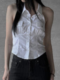 Bonnyshow  Fashion Solid Hottie Safari Style Simple Women Halter Shirts Pocket Slim Fit Backless Summer Blouses