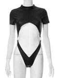 Bonnyshow Hollow Out Sexy Bodysuit Lingerie O-Neck One-Pieces Body Feminino Short Sleeve Black Top Women Rave Outfit Lenceria Femenina