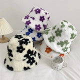 Bonnyshow Korean Flower Plush Bucket Hat for Women Winter Warm Faux Fur Fishermen Cap Solid Color Floral Female Basin Hats