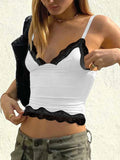 Bonnyshow  Lace Spliced Slim Fit Causal Simple Patchwork Women Camisole Tops Fashion Summer Basic Blouses