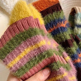 Bonnyshow Colorful Striped Socks Women Autumn Winter Mink Fleece Floor Sock Soft Thicken Plush Indoor Socks Female Fluffy Sox