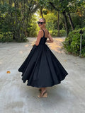 Bonnyshow  Elegant Black Strap Pleated Swing Long Dress Women Elegant Sleeveless High Waist Dresses Chic Female Night Club Party Vestidos