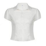 Bonnyshow  Casual Solid Tee Shirts for Women Turn-down Collar Button Up Corset Blouses Korean Short Sleeves Fashion Cute Tops