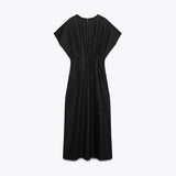 Bonnyshow  Elegant Women Short Sleeve Midi Dress New Spring Summer Sexy Round Neck Draped High Waist Robe Office Party Long Dresses