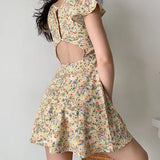 Bonnyshow  Pastoral Cute Floral Chest Strap Flying Sleeve Dress Women Dress Short Sleeves Lace Up High Thin In Summer Long Skirt For Female