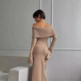 Bonnyshow Autumn Winter Knitted Maxi Dress Women Sexy Off The Shoulder Slim Sweater Dresses Elegant Long Sleeve Solid Basic Party Dress