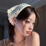 Bonnyshow Korean Ins Knitted Triangular Hair Scarf Women Sweet Flower Headscarf Crochet Handmade Headwrap Hair Accessories