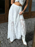 Bonnyshow  Floral Jacquard Lace White Long Skirt Women Summer High Waist Loose Sexy Sheer Midi Skirts Streetwear Casual Fashion Skirts New