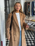 Bonnyshow Solid Color Casual Long Women's Coat Turndown Collar Vintage Brown Jacket Fashion New Double Breasted Coats Loose Outerwears