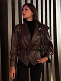 Bonnyshow Casual PU Leather Women's Jacket Fashion Vintage Motorcycle Coat V-neck Lace up Women Coats High Street Ladies Jackets Outwear