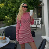 Bonnyshow Red Striped Knitted Mini Dress Women Fashion Hollow Out Slim Beach Holiday Dresses Autumn Elegant Long Sleeve Sweater Dress