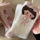 Bonnyshow Japanese Cute Socks for Women Winter Thicken Warm Plush Sock Korean Strawberry Print Coral Fleece Floor Sleeping Socks