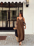 Bonnyshow  Casual Solid Slip Jumpsuit Women Vintage Brown Pleated Loose Wide Leg Jumpsuits Female 2025 Fashion Summer Street Lady Pants