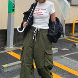 Bonnyshow American retro Y2K Gothic letter print white short sleeved t-shirt women's slim fit exposed navel top