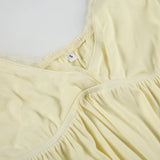 Bonnyshow  Fashion Solid Lace Spliced Women Camisole Tops Summer V-Neck Ruched Causal Sweet Blouses