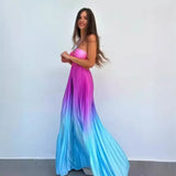 Bonnyshow Gradient Holiday Dress Women Sexy Cut Out Backless Maxi Beach Dresses Summer Casual Loose Pleated Bohemia Outfits