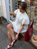 Bonnyshow  Embroidery Blouse Women Flying Sleeve High-neck Loose Shirts 2025 Blusas Vintage Summer Tops Chic Sweet White Blouses
