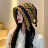 Bonnyshow Rainbow Knitted Hat for Women Autumn Winter Ear Protection Beanies Handmade Colorful Tassel Ball Ladies Bomber Hats