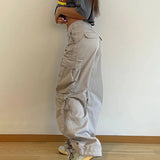 Bonnyshow Y2K Women Vintage Cargo Pants Fashion Streetwear Low Waist Wide Leg Straight Trousers Big Pockets Baggy Casual Solid Sweatpants