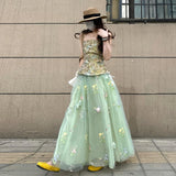 Bonnyshow  Summer stunning outfit set women's seaside vacation style floral strapless top green camisole dress two-piece set