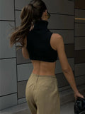 Bonnyshow Y2k Black Knitting Turtleneck Crop Top Women Sexy Irregularity Skinny Elasticity Tank Top Fashion Club Top Streetwear