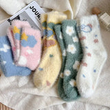 Bonnyshow Winter Mink Velvet Socks for Women Kawaii Floral Print Plush Sock Solid Color Cartoon Warm Female Lady Mid Tube Socks