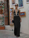 Bonnyshow  Summer Halter Knitted Long Dress Elegant Backless Sleeveless Patchwork Women Maxi Dresses Fashion Deep V Neck Beach Robes