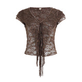 Bonnyshow  Y2K Fashion Lace Crop Top Brown V-neck Lace Up Cardigan Tee Shirt See Through Chic Sexy Short Sleeve T-shirt Summer