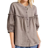 Bonnyshow  Women s Plaid Button Down Shirt Casual Loose Fit 3 4 Long Sleeve Round Neck Tops Comfortable Casual Wear Stylish Checkered