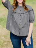 Bonnyshow  Women s Plaid Button Down Shirt Casual Loose Fit 3 4 Long Sleeve Round Neck Tops Comfortable Casual Wear Stylish Checkered