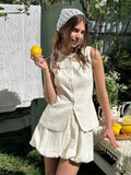 Bonnyshow  Two Pieces Set Women's Vest Skort Suits Sleeveless Button-front Top Ruffled Loose Shorts Summer Office Casual Daily Outfit