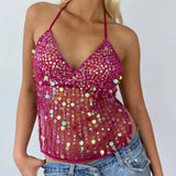 Bonnyshow  Women Sequin Halter Top Sexy Sleeveless Deep V Neck Glitter Tank Top Sparkle Backless Crop Top Summer Streetwear