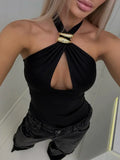 Bonnyshow  Summer Slim Top Hollow Out Shoulder Crop Vest Female Elegant Streetwear Sexy Backless Metal Ring Halter Women Tanks 2025 New